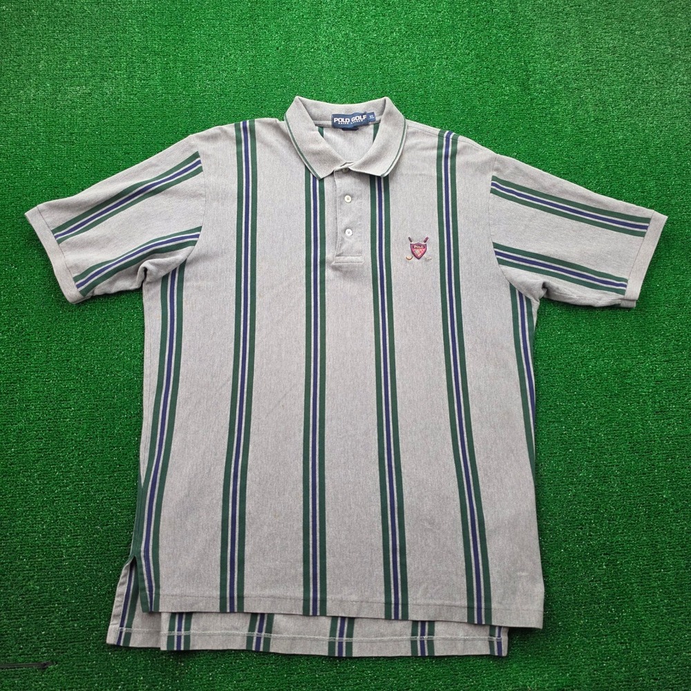 Vintage‎ Polo Golf Ralph Lauren Polo Shirt Mens XL Gray Vertical Stripe Crest